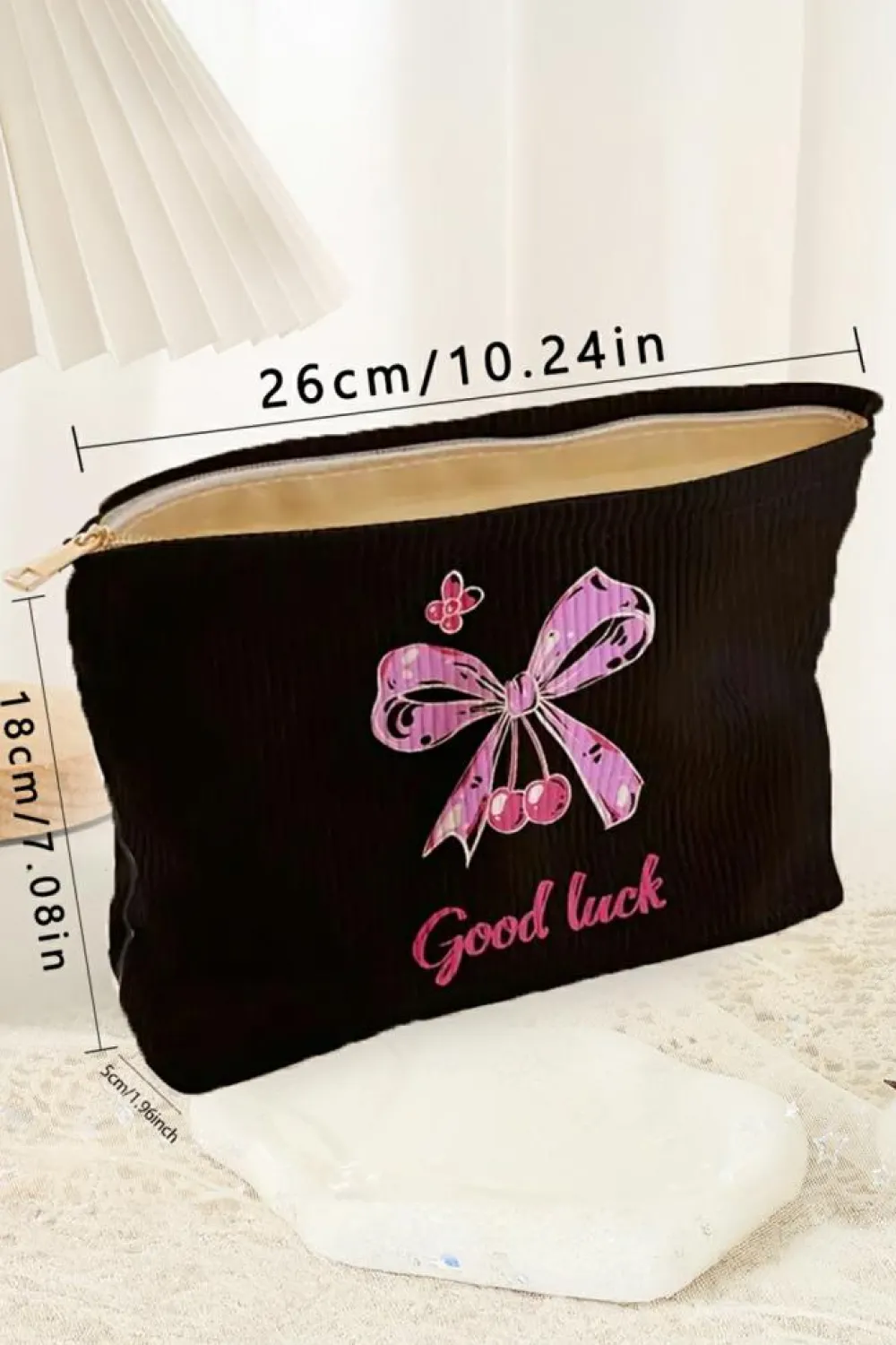 Fashion Dear-Lover Bow Knot Print Zipper Corduroy Large Cosmetic Bag Rose Red