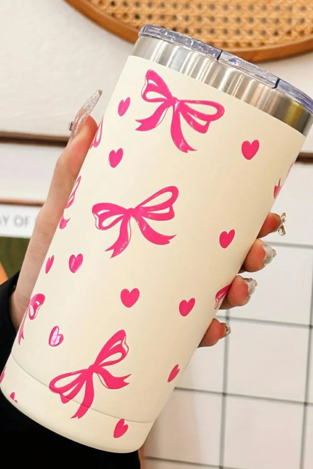 Best Dear-Lover Bows Hearts Printed Insulated Stainless Steel Cup Rose Red