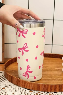 Best Dear-Lover Bows Hearts Printed Insulated Stainless Steel Cup Rose Red
