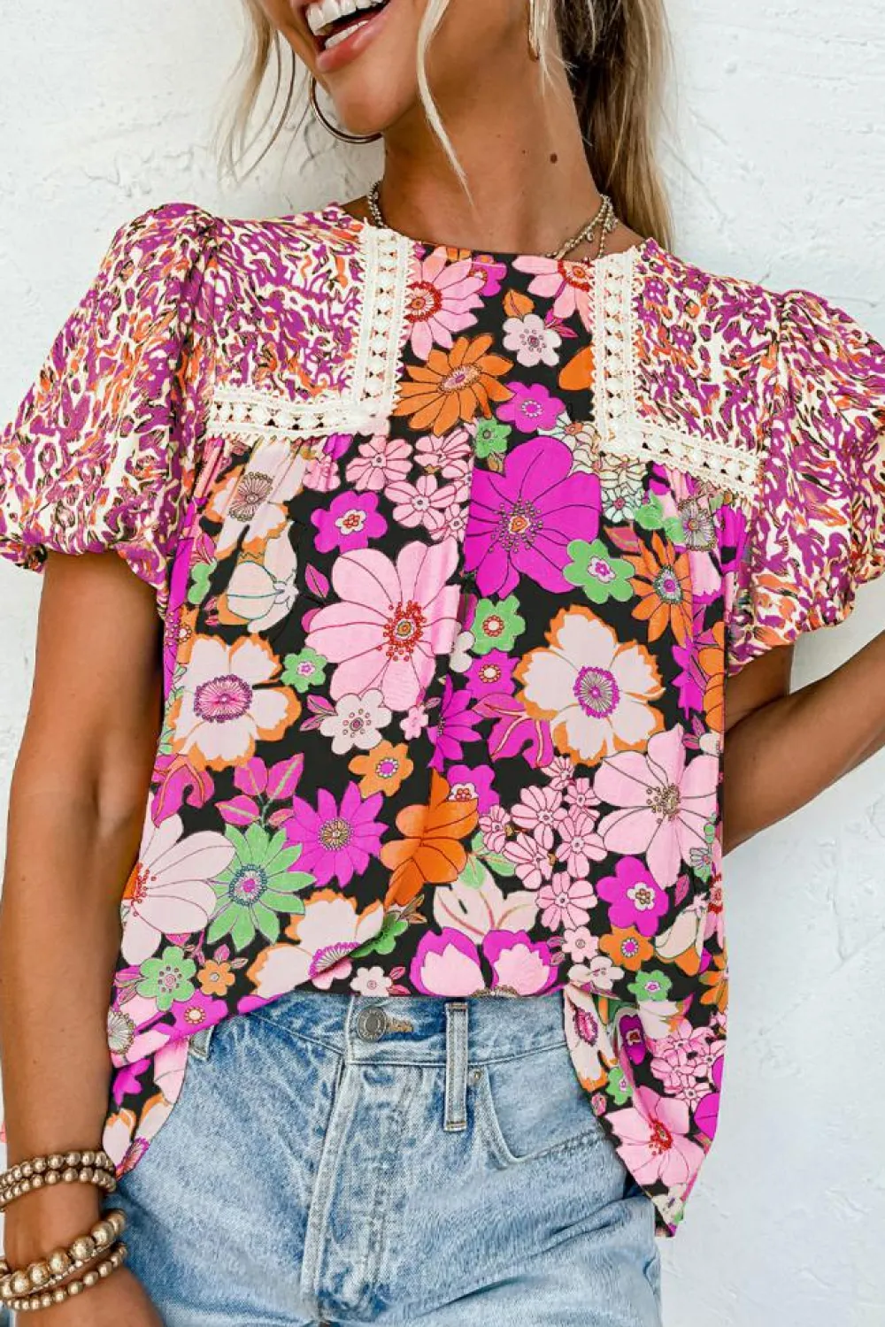 Best Dear-Lover Bubble Sleeve Lace Trim Floral Mixed Print Blouse Rose Red