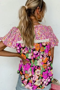 Best Dear-Lover Bubble Sleeve Lace Trim Floral Mixed Print Blouse Rose Red