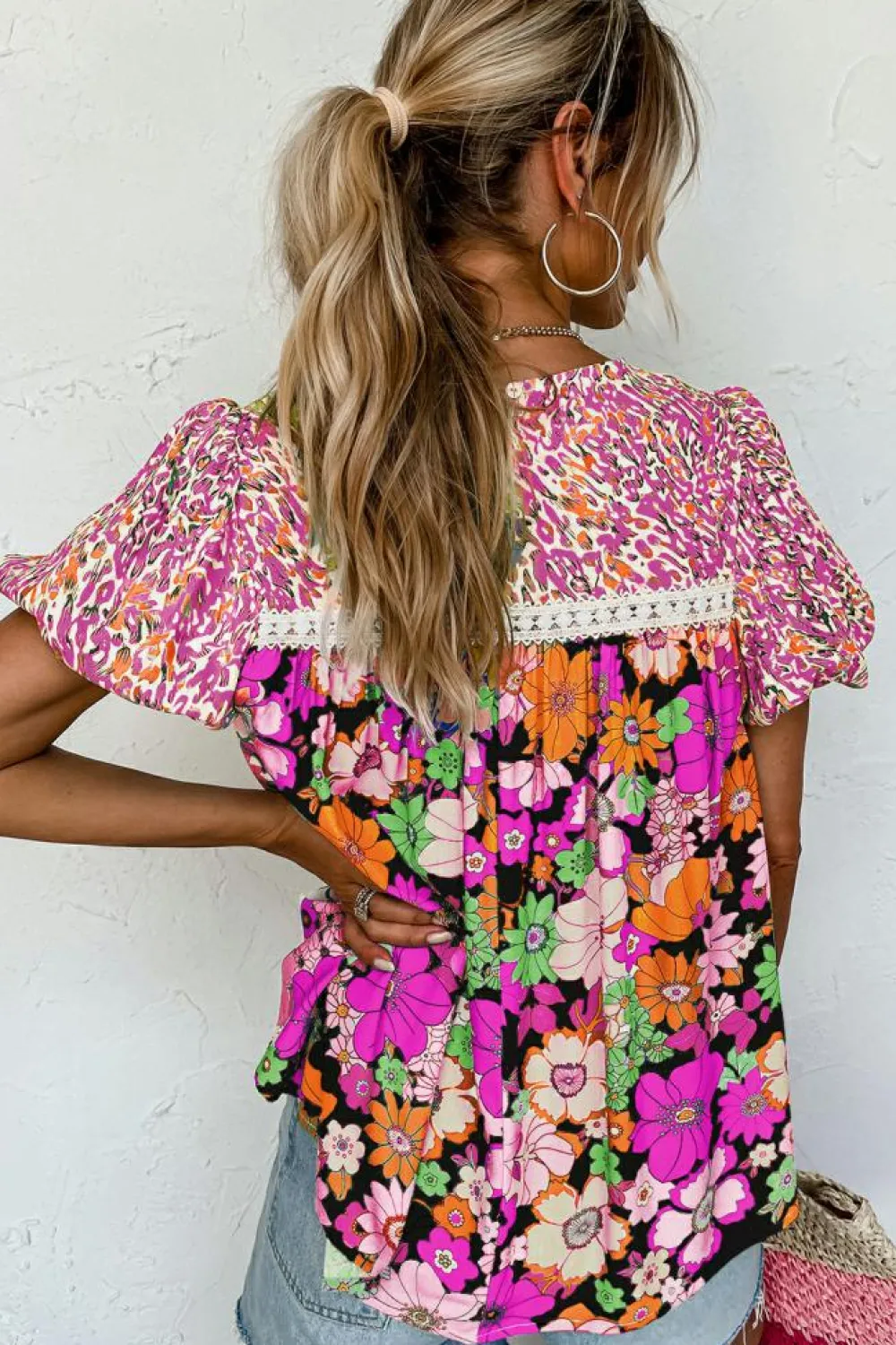 Best Dear-Lover Bubble Sleeve Lace Trim Floral Mixed Print Blouse Rose Red