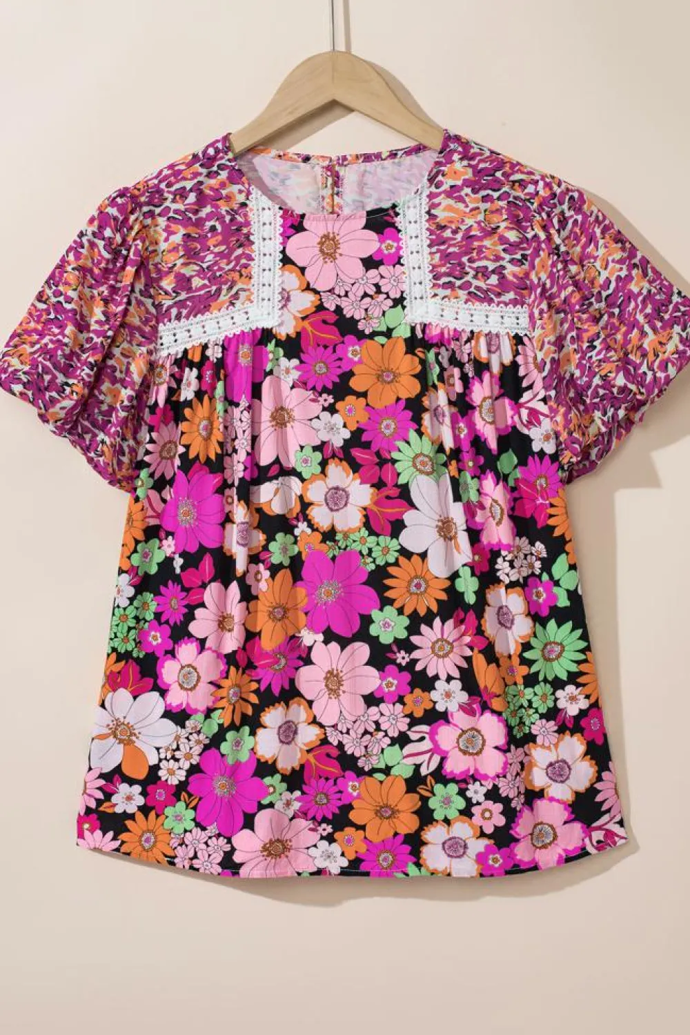Best Dear-Lover Bubble Sleeve Lace Trim Floral Mixed Print Blouse Rose Red