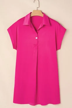 Clearance Dear-Lover Buttoned Collar Shift T-shirt Mini Dress Rose Red
