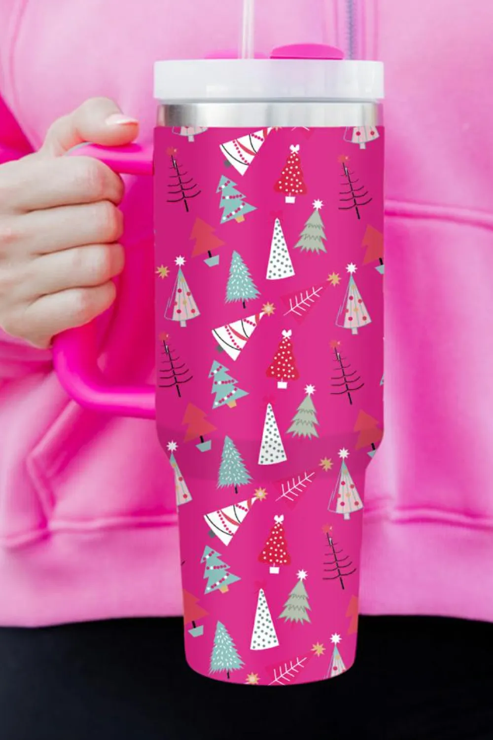 Best Dear-Lover Cartoon Christmas Tree Printed Thermos Cup 40oz Rose Red