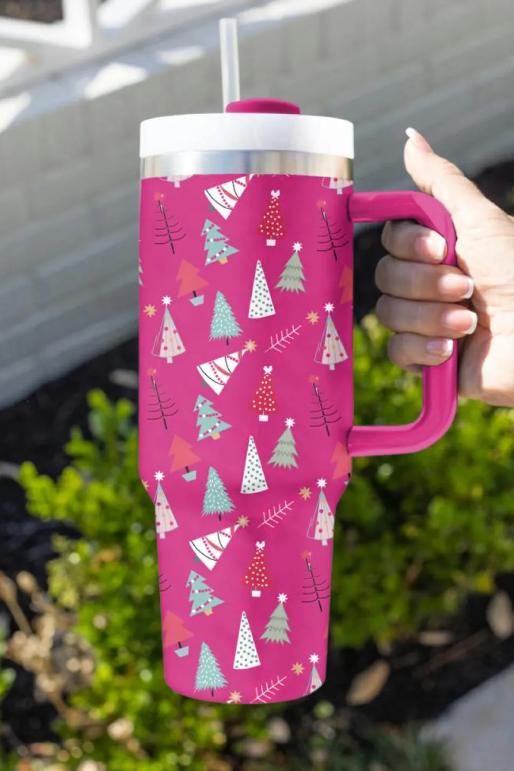 Best Dear-Lover Cartoon Christmas Tree Printed Thermos Cup 40oz Rose Red