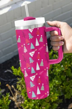 Best Dear-Lover Cartoon Christmas Tree Printed Thermos Cup 40oz Rose Red