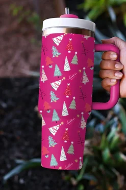 Best Dear-Lover Cartoon Christmas Tree Printed Thermos Cup 40oz Rose Red