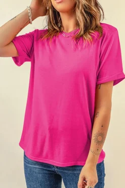 Outlet Dear-Lover Casual Plain Crew Neck Tee Rose Red