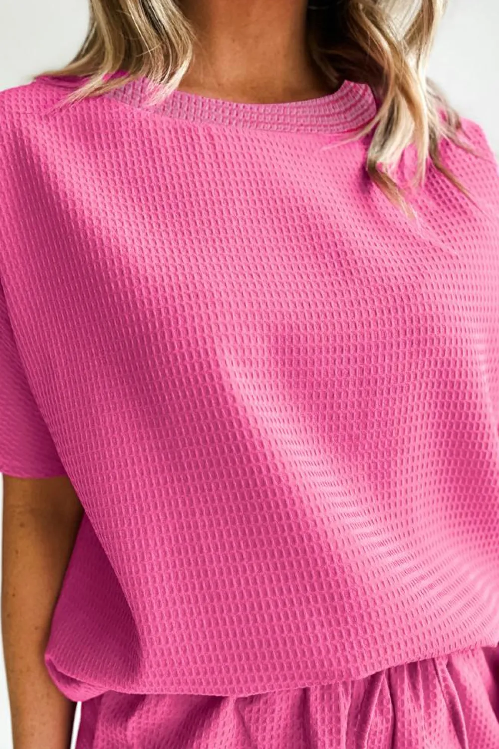 Best Dear-Lover Casual Textured Tee and Drawstring Shorts Set Rose Red