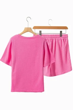 Best Dear-Lover Casual Textured Tee and Drawstring Shorts Set Rose Red