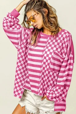 New Dear-Lover Checkerboard Striped Patchwork Lantern Sleeve Pocketed Blouse Rose Red