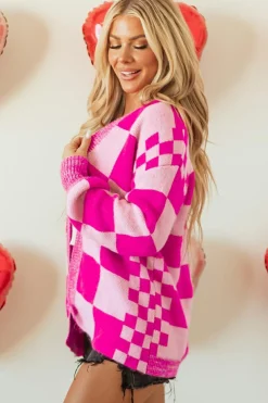 Fashion Dear-Lover Checkered Printed Ribbed Trim Open Front Cardigan Rose Red