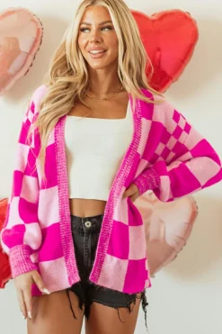 Fashion Dear-Lover Checkered Printed Ribbed Trim Open Front Cardigan Rose Red