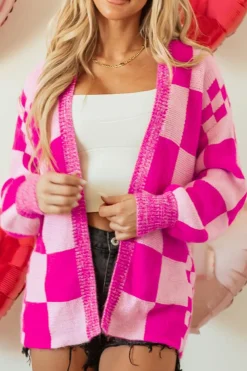 Fashion Dear-Lover Checkered Printed Ribbed Trim Open Front Cardigan Rose Red