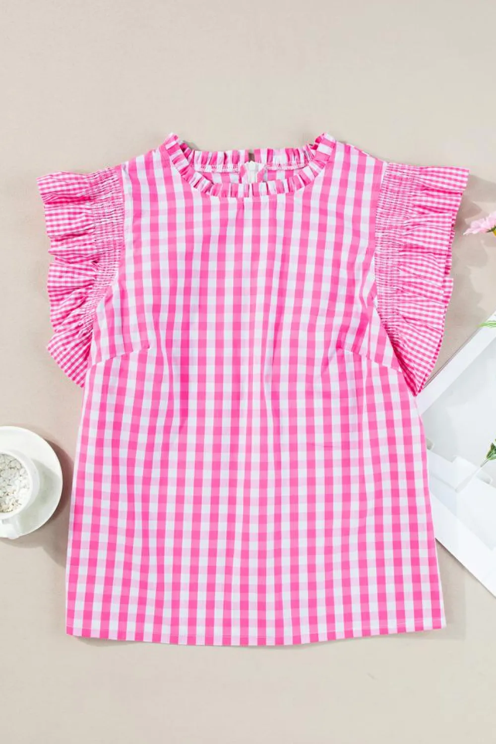Best Dear-Lover Checkered Ruffled Sleeve Frilled Neck Blouse Rose Red