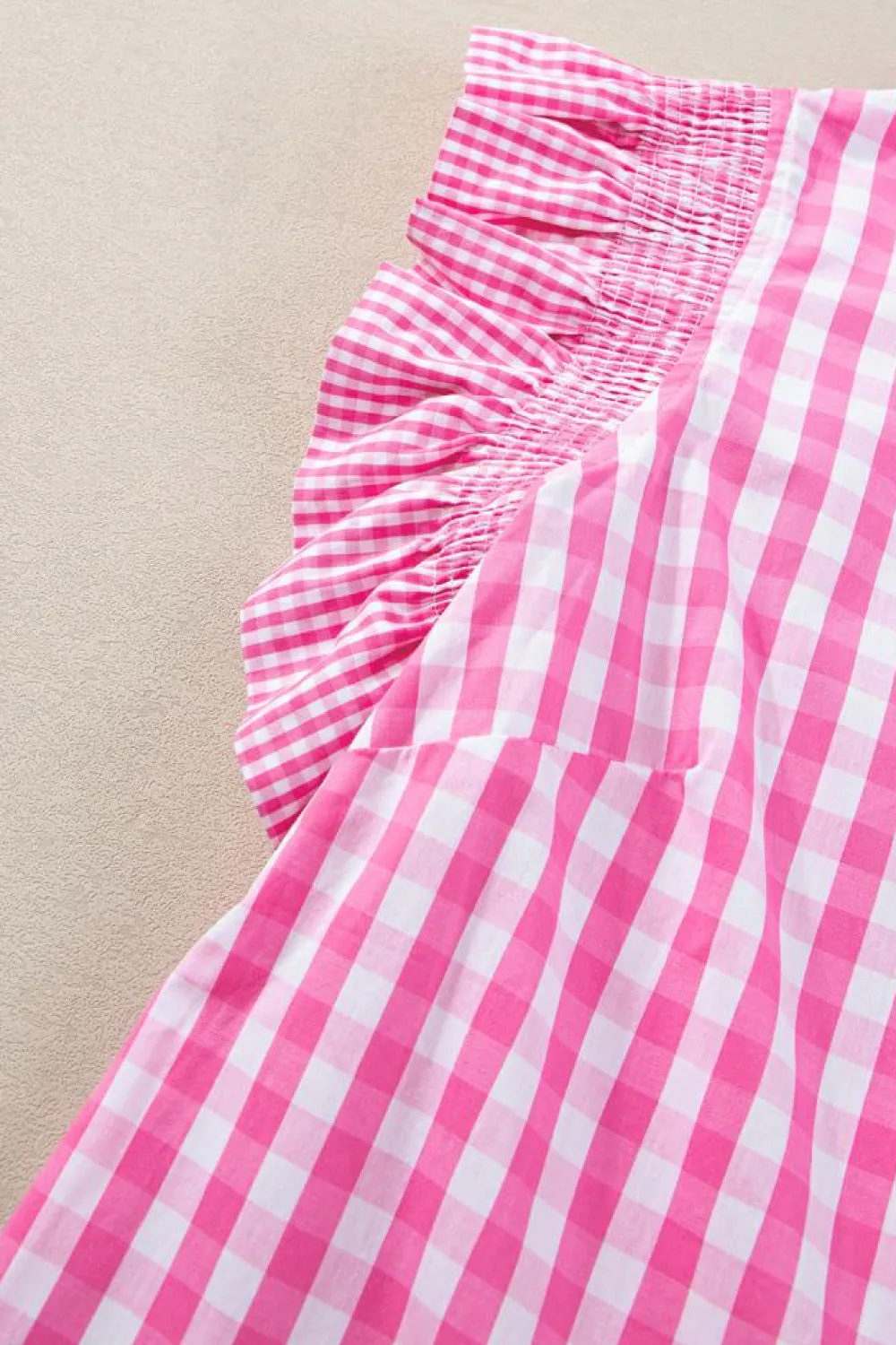 Best Dear-Lover Checkered Ruffled Sleeve Frilled Neck Blouse Rose Red