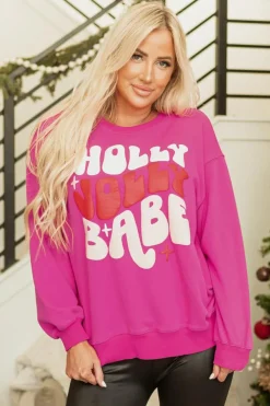 Best Dear-Lover Christmas Holly Jolly Babe Graphic Oversized Sweatshirt Rose Red