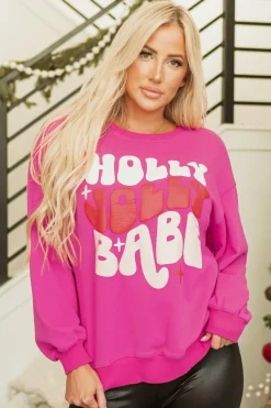Best Dear-Lover Christmas Holly Jolly Babe Graphic Oversized Sweatshirt Rose Red