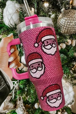 Hot Dear-Lover Christmas Santa Claus Diamond Thermos Cup with Straw 40oz Rose Red
