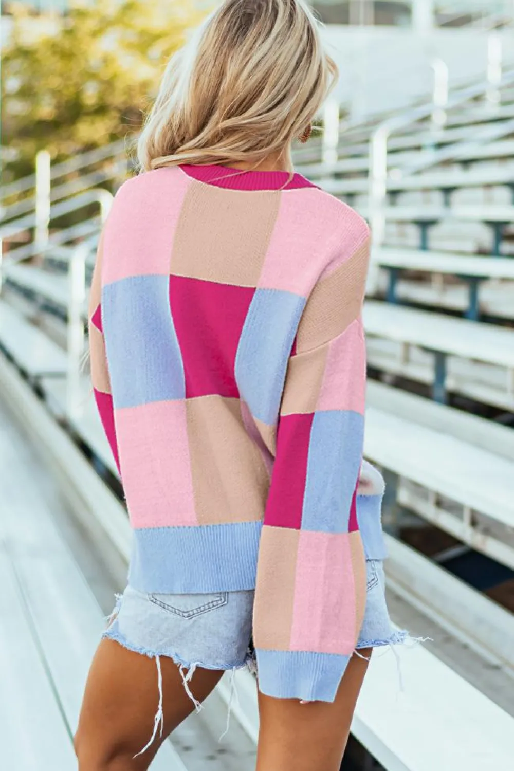Fashion Dear-Lover Color Block Drop Shoulder Crewneck Loose Fit Sweater Rose Red