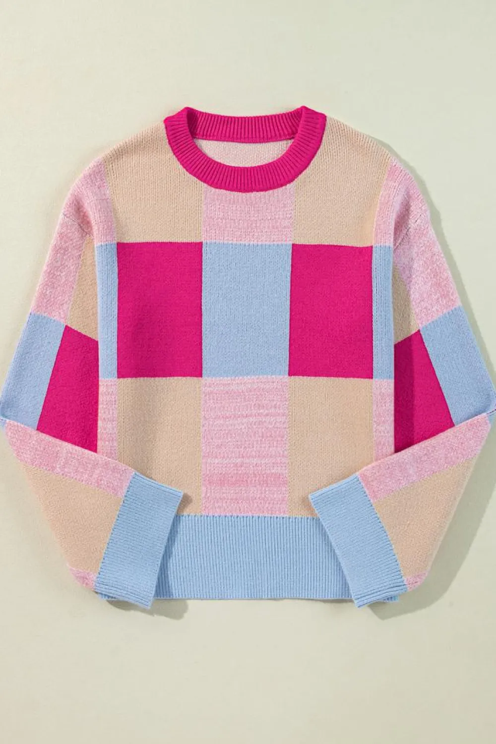 Fashion Dear-Lover Color Block Drop Shoulder Crewneck Loose Fit Sweater Rose Red