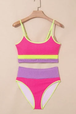 Clearance Dear-Lover Color Block High Waisted Sexy Bikini Set Rose Red
