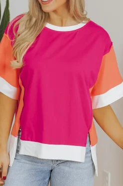 Fashion Dear-Lover Color Block Patchwork Side Slits Loose Fit T Shirt Rose Red