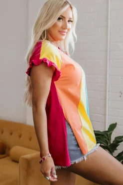 Discount Dear-Lover Color Block Ruffled Crew Neck Loose Fit T Shirt Rose Red