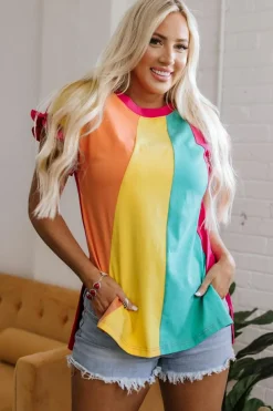 Discount Dear-Lover Color Block Ruffled Crew Neck Loose Fit T Shirt Rose Red