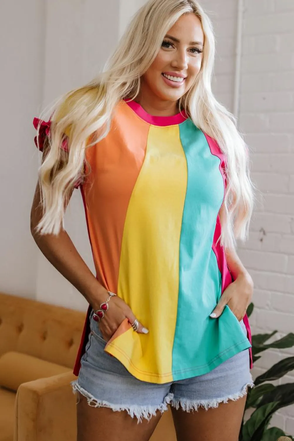 Discount Dear-Lover Color Block Ruffled Crew Neck Loose Fit T Shirt Rose Red