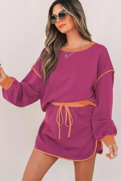Hot Dear-Lover Color Contrast Loose Pullover and Lace-up Waist Skort Set Rose Red