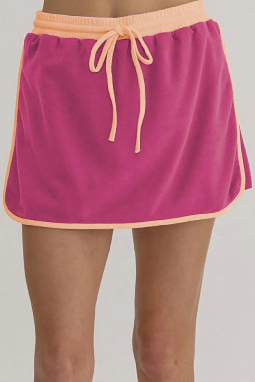 Hot Dear-Lover Color Contrast Loose Pullover and Lace-up Waist Skort Set Rose Red
