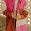 Online Dear-Lover Colorblock Curved Hem Corduroy Shacket with Pocket Rose Red