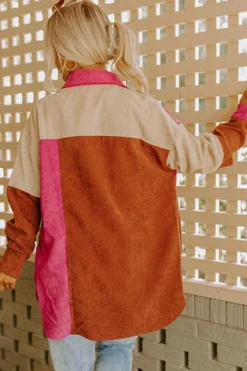 Online Dear-Lover Colorblock Curved Hem Corduroy Shacket with Pocket Rose Red