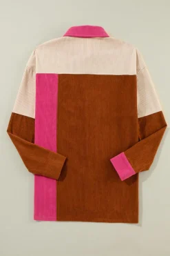 Online Dear-Lover Colorblock Curved Hem Corduroy Shacket with Pocket Rose Red