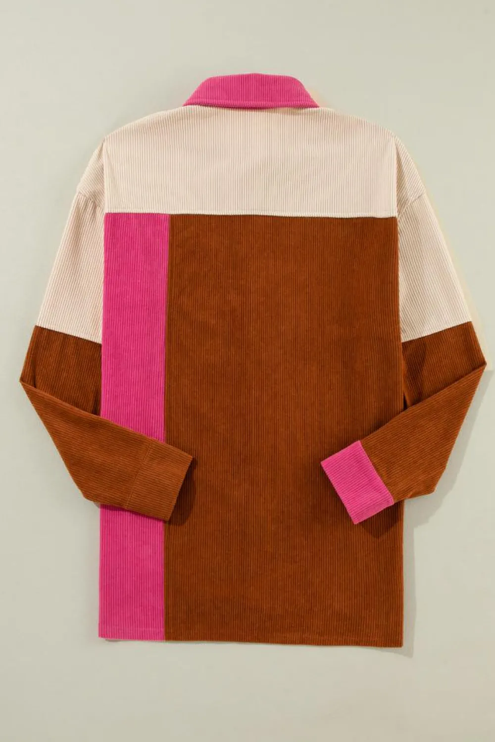 Online Dear-Lover Colorblock Curved Hem Corduroy Shacket with Pocket Rose Red