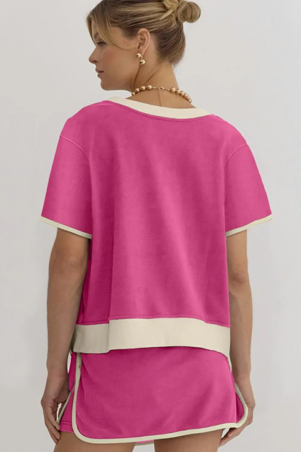 Discount Dear-Lover Colorblock Edge Drop Shoulder T Shirt and Skort 2Pcs Set Rose Red