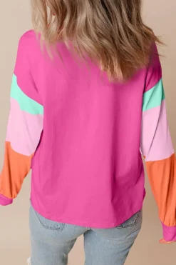 New Dear-Lover Colorblock Patchwork Long Sleeve Loose Top Rose Red