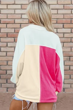 Fashion Dear-Lover Colorblock Ribbed Collared Oversized Sweatshirt Rose Red