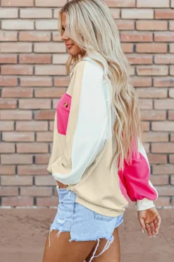 Fashion Dear-Lover Colorblock Ribbed Collared Oversized Sweatshirt Rose Red