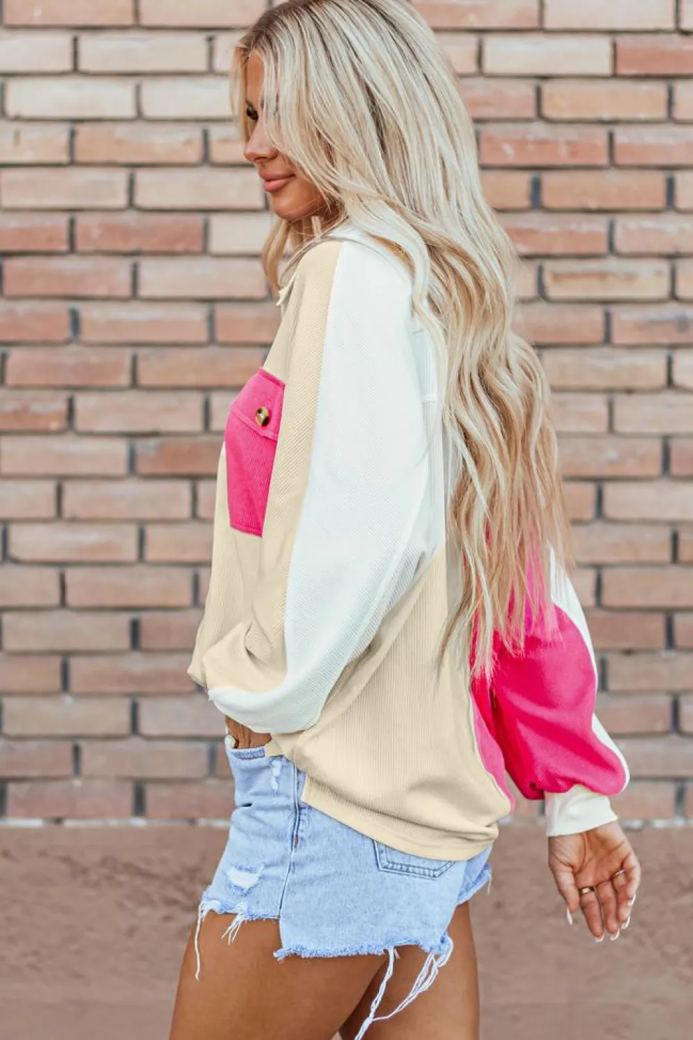 Fashion Dear-Lover Colorblock Ribbed Collared Oversized Sweatshirt Rose Red