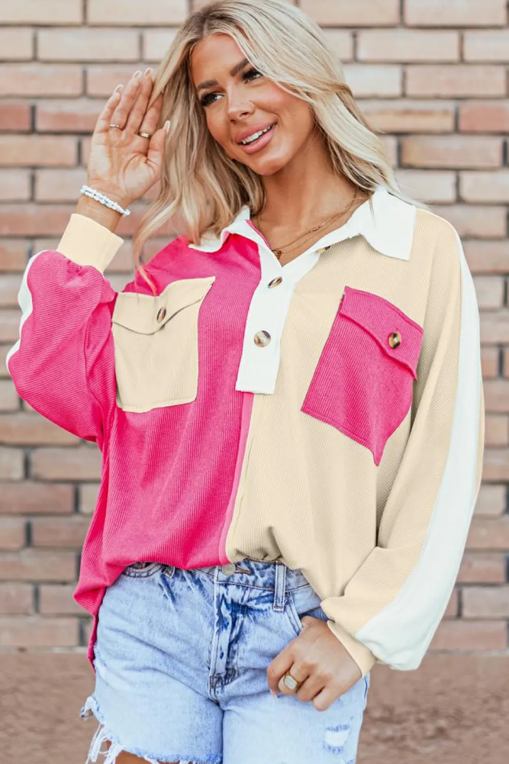 Fashion Dear-Lover Colorblock Ribbed Collared Oversized Sweatshirt Rose Red