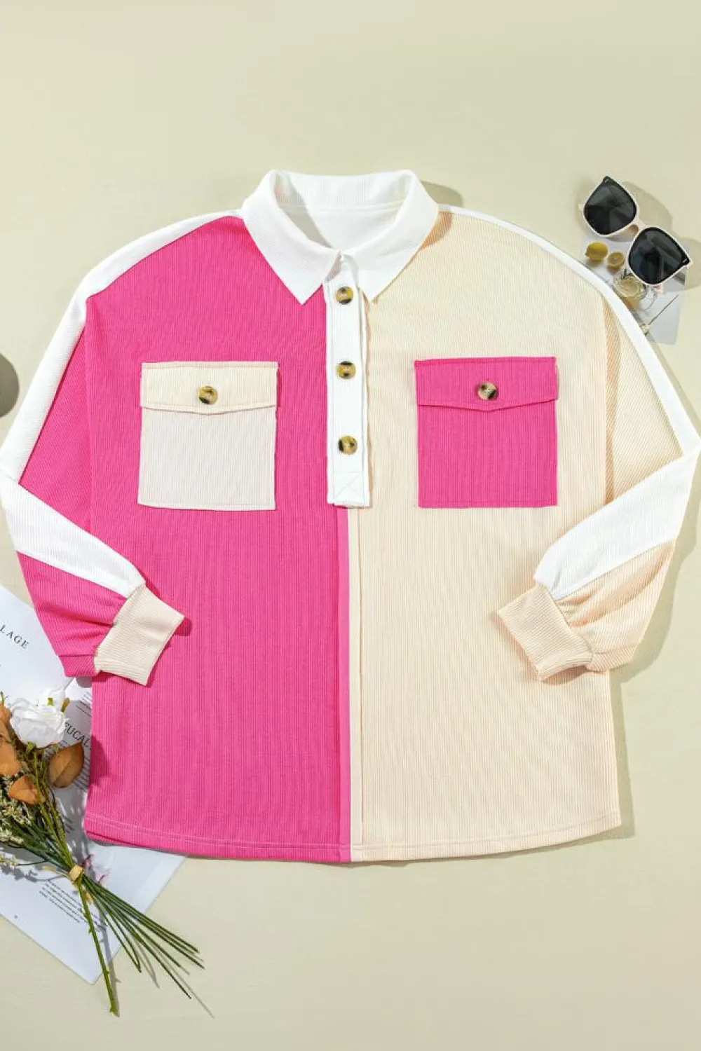 Fashion Dear-Lover Colorblock Ribbed Collared Oversized Sweatshirt Rose Red
