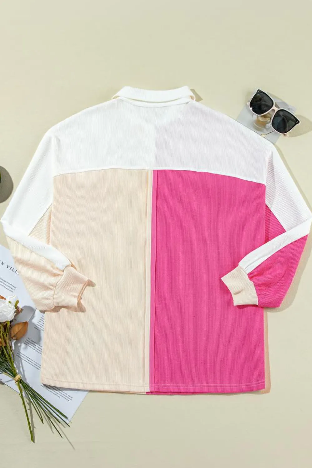 Fashion Dear-Lover Colorblock Ribbed Collared Oversized Sweatshirt Rose Red
