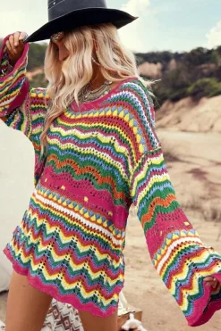 Sale Dear-Lover Colorblock Striped Hollowed Knit Loose Sleeve Sweater Rose Red