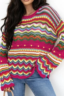 Sale Dear-Lover Colorblock Striped Hollowed Knit Loose Sleeve Sweater Rose Red