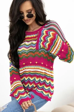 Sale Dear-Lover Colorblock Striped Hollowed Knit Loose Sleeve Sweater Rose Red