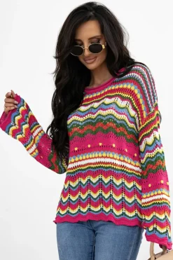 Sale Dear-Lover Colorblock Striped Hollowed Knit Loose Sleeve Sweater Rose Red
