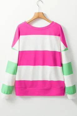 Fashion Dear-Lover Colorblock Striped Drop Shoulder Long Sleeve Top Rose Red